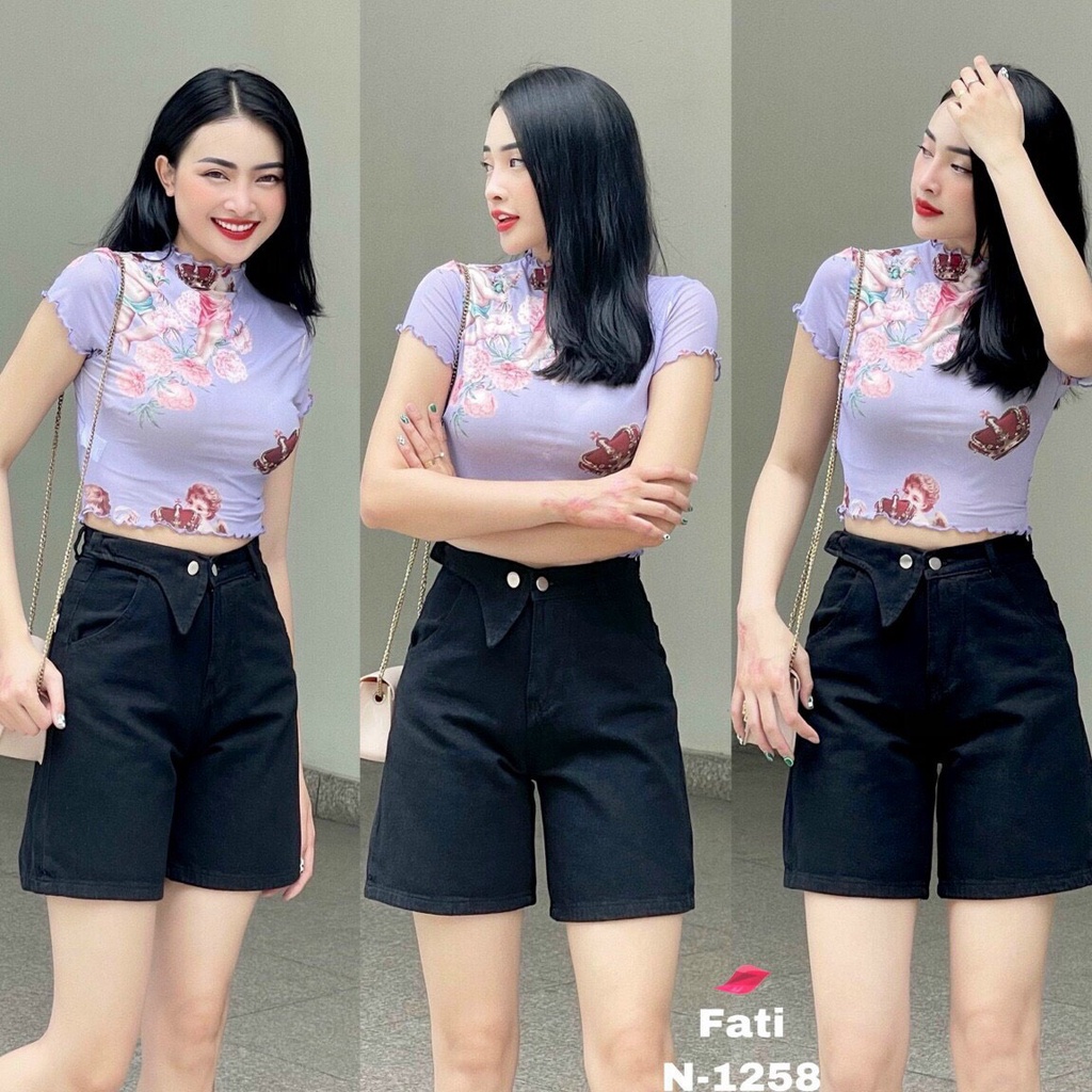 Quần short kaki nữ Allen, jean co giãn, 2 màu, phối túi trước cá tính Allen001