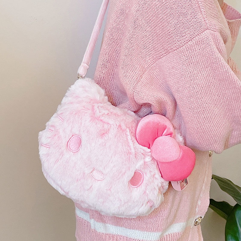 2024 Mới Túi Len Nữ Đeo Ngang Mùa Đông Sang Trọng Hello Kitty Dễ Thương Sang Trọng Một Vai Ba Lô