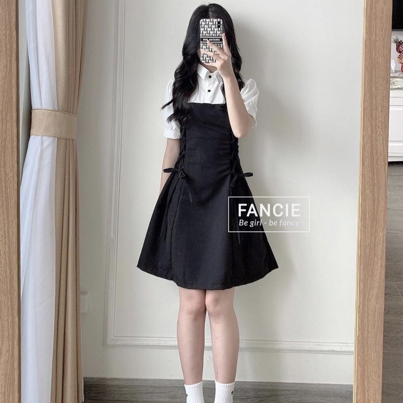 🍉đầm tiểu thư🍉 váy tiểu thư🍉Đầm Liền Thân 2 Dây Màu Đen Buộc Eo Dáng Vừa Dễ Thương, vải lụa đũi cao cấp mặc thoáng má