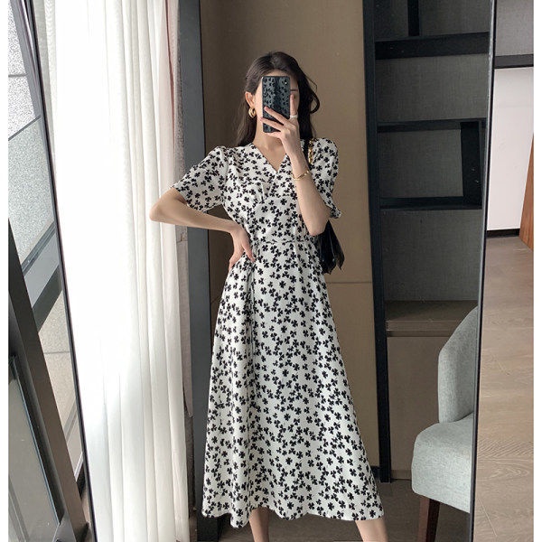 Đầm Chữ A Tay Ngắn Phồng Cổ Chữ V Thời Trang Dành Cho Nữ