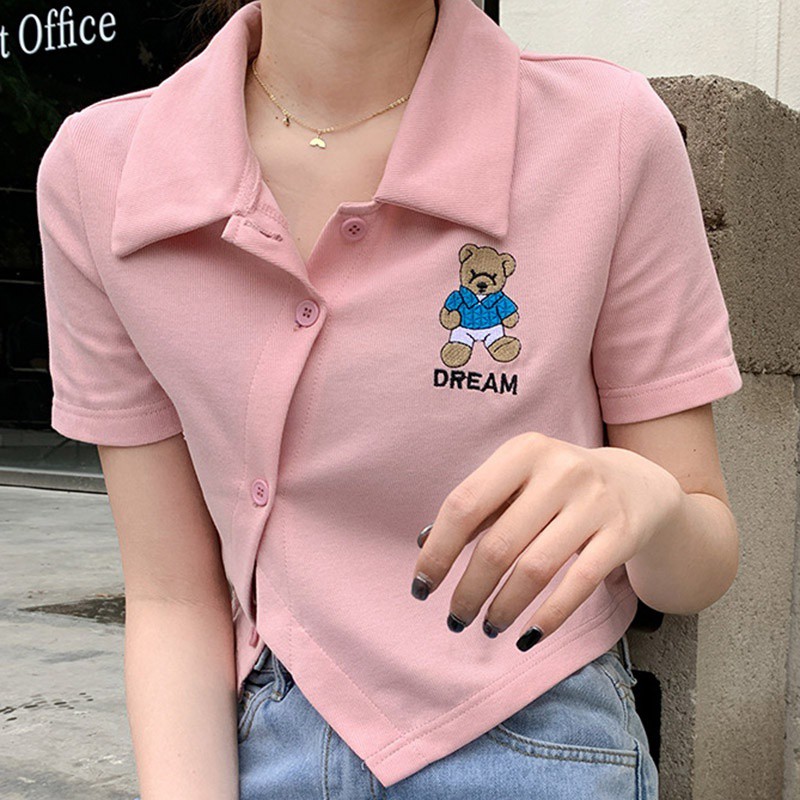 Áo croptop nữ polo đính cúc cách điệu vạt chéo cực xinh
