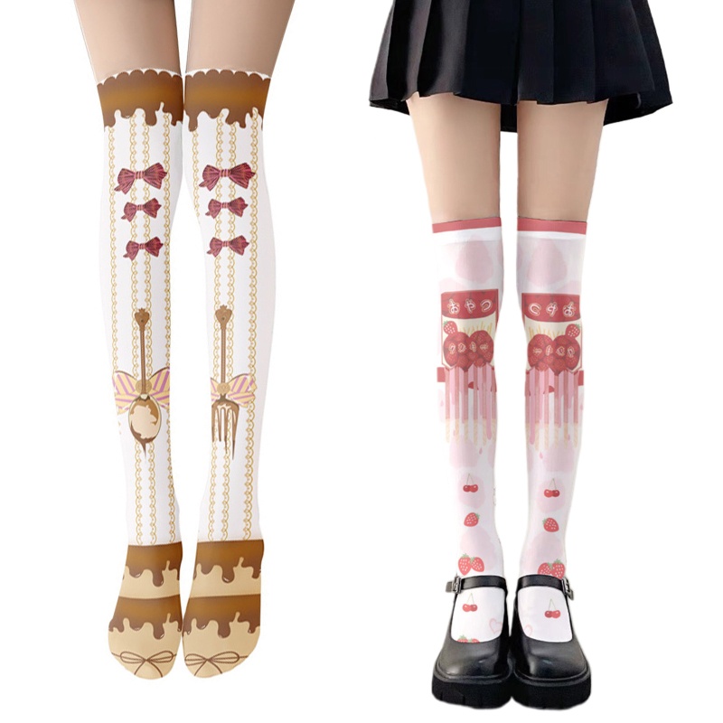 XIXI Tất Cao Ngang Đùi In Họa Tiết Trái Dâu Hoạt Hình Phong Cách Lolita Nhật Bản Cho Nữ