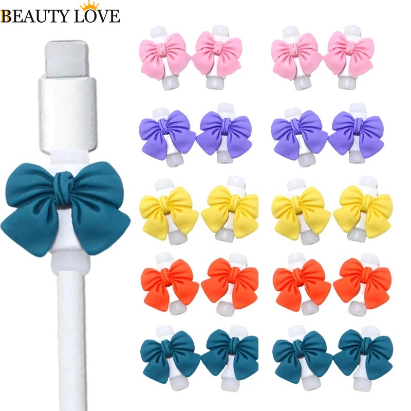 1 Cặp Phụ Kiện Bảo Vệ Dây Cáp Sạc USB Hình Nơ 3D Dễ Thương Cho iphone