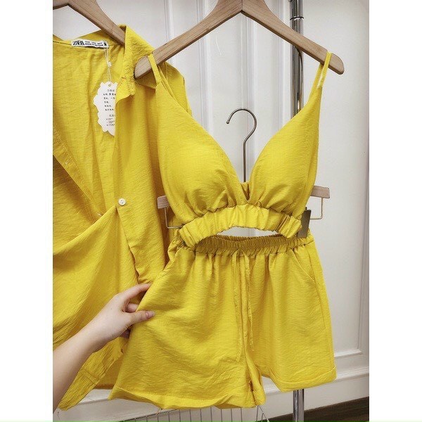 set 3 món áo bra kèm áo sơ mi khoác quần short đùi chất đũi mềm k