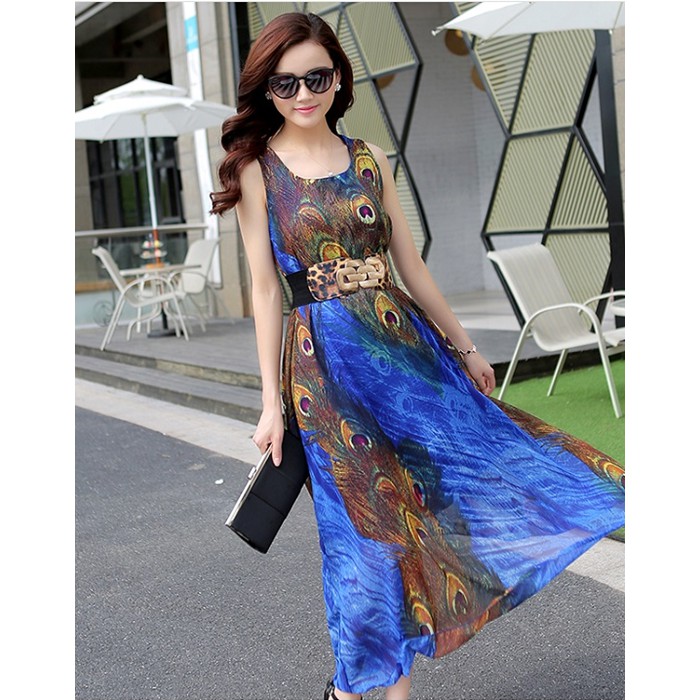 Đầm maxi đi biển ,quà tặng kèm belt, họa tiết chim công, chất vải chinfon mịn rủ mát, mã sản phẩm 01272