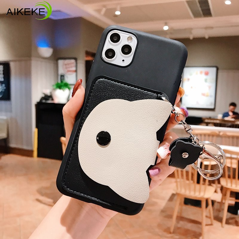 Ốp điện thoại dạng ví đựng thẻ + tiền xu hình mèo gắn móc khóa cho iPhone 12 11 Pro Max XS Max SE 2020 XR X 7 8 6 Plus 5