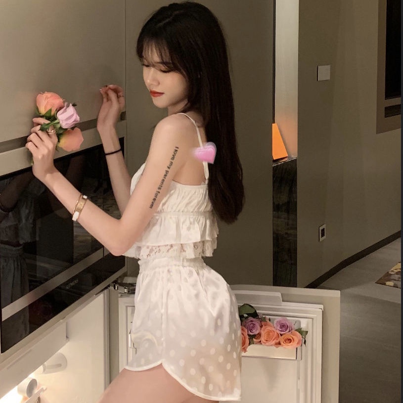 Set đồ ngủ hai dây phối ren họa tiết chấm bi thời trang mùa hè quyến rũ cho nữ