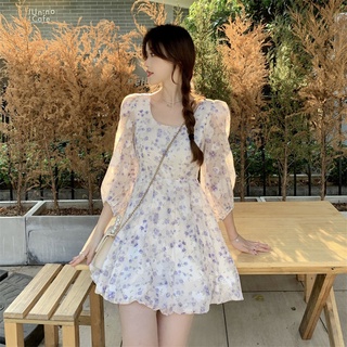 Đầm hoa cổ vuông nhún bèo xinh xắn cho nữ