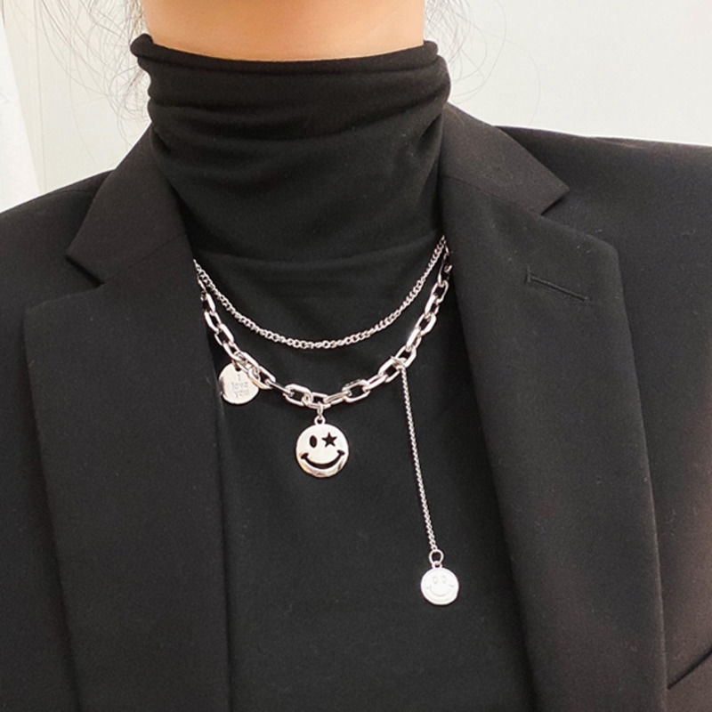 Dây Chuyền Nhiều Lớp Mặt Hình Mặt Cười Phong Cách Hip Hop Cá Tính