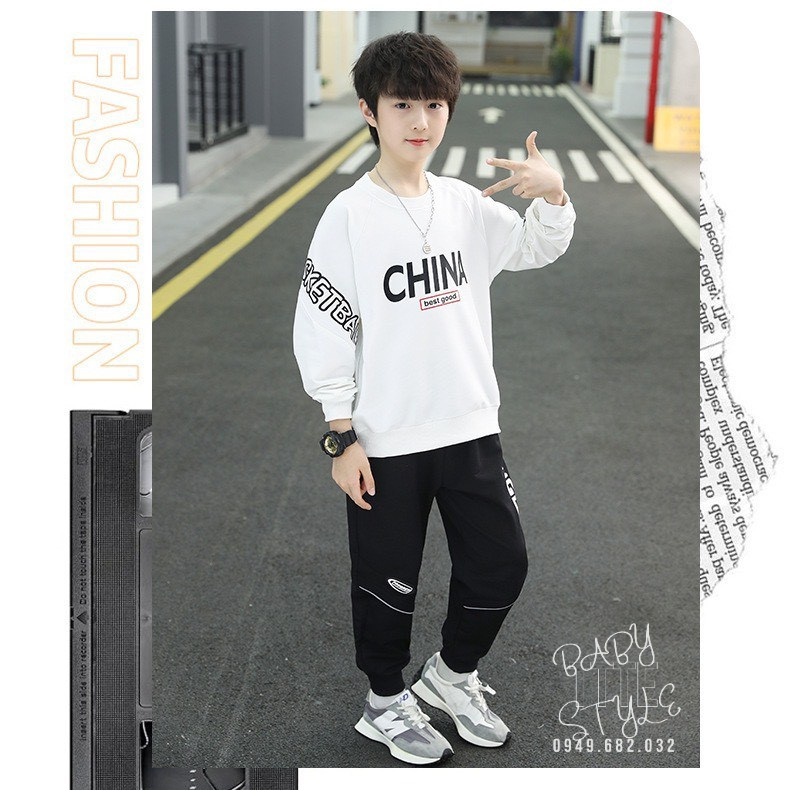 Bộ nỉ bé trai, bộ quần áo thể thao thu đông &quot;CHNA&quot; 14-45kg. Vải da cá dày dặn. Thoải mái. B36