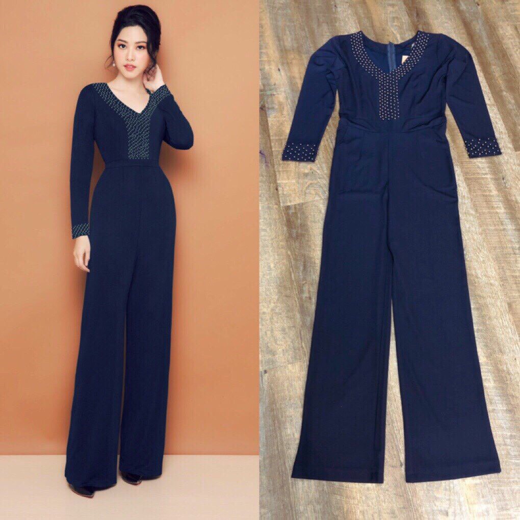 Bộ Jum Đẹp 💥FREESHIP💥Giảm 45k Khi Mua Đơn Từ 500k - Jumpsuit dài ống suông cổ tim đính hột TJ959