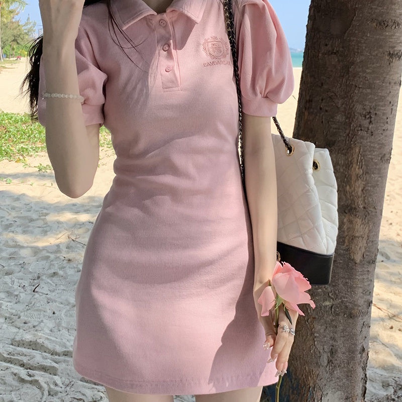 AMOI Đầm Sơ Mi Tay Ngắn Phồng Cổ Polo Ôm Eo Thời Trang 2022 Cho Nữ