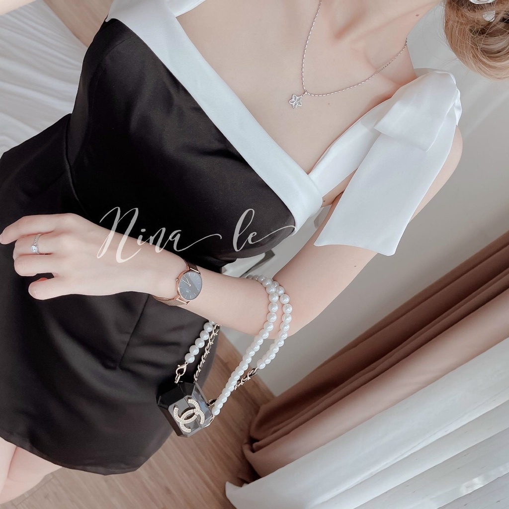 [ Miễn phí ship 2022 ] Đầm umi cúp ngực dây nơ vai có mút ,đầm thiết kế  2 màu trắng đen dự tiệc sang trọng, thuần khiết