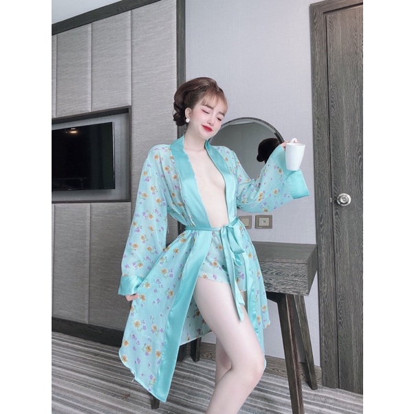 Áo Choàng Ngủ, Set Choàng Kèm Quần Vải Voan Phối Satin