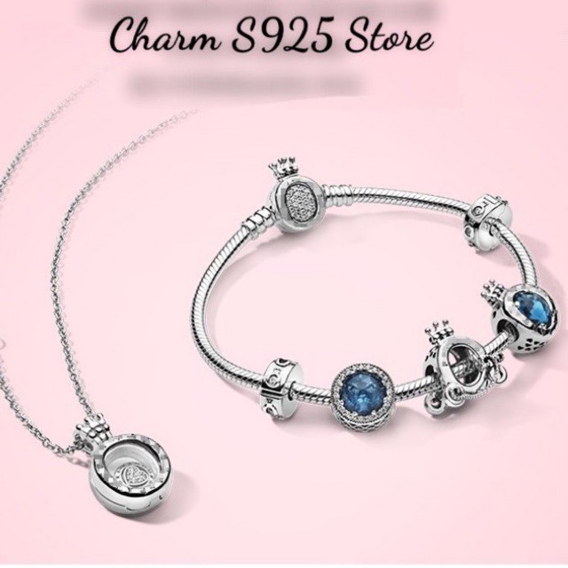 Charm pan logo vương miện đính đá xanh bạc S925