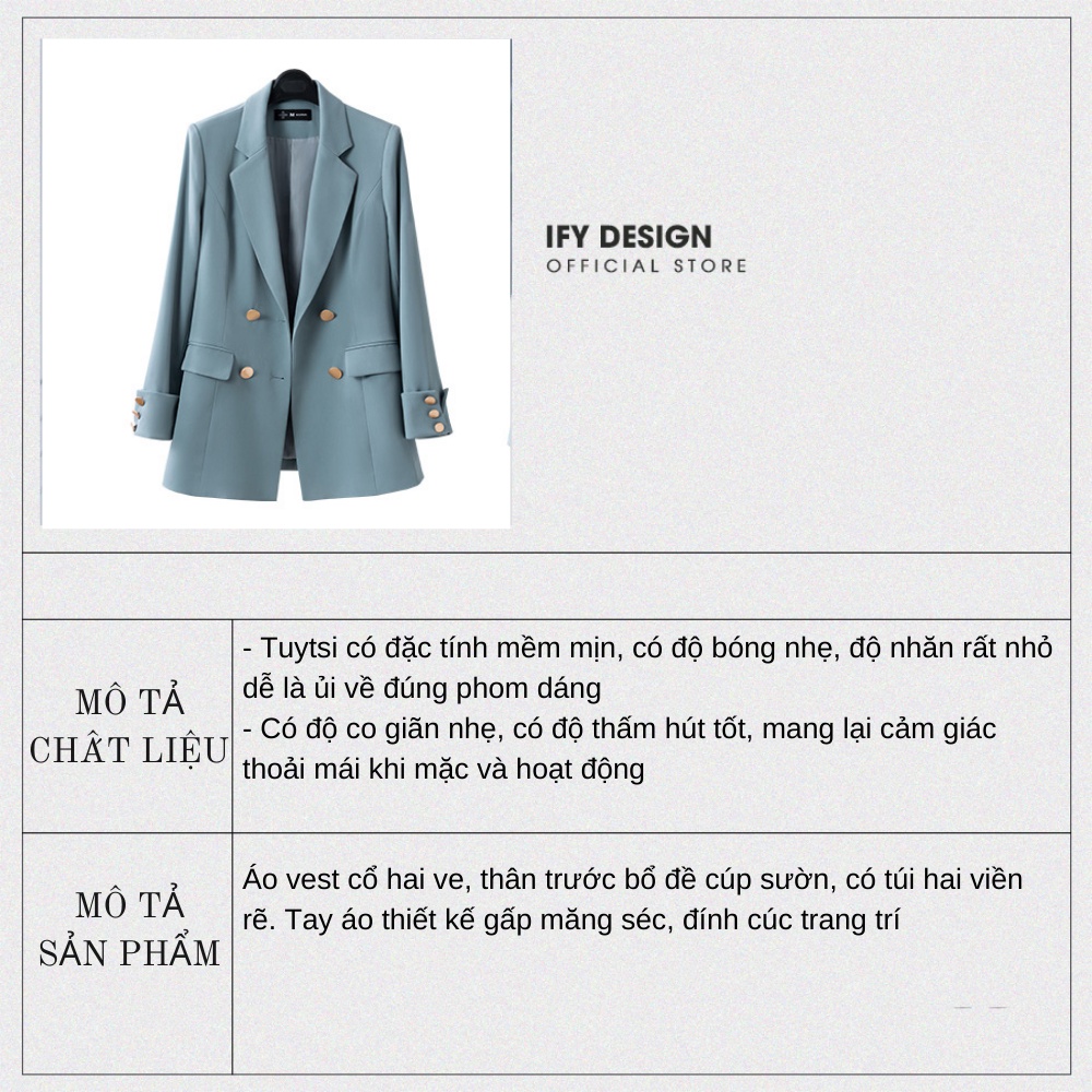Áo vest nữ xanh dáng suông tay dài gấp đính cúc măng séc IFY Design FS272A