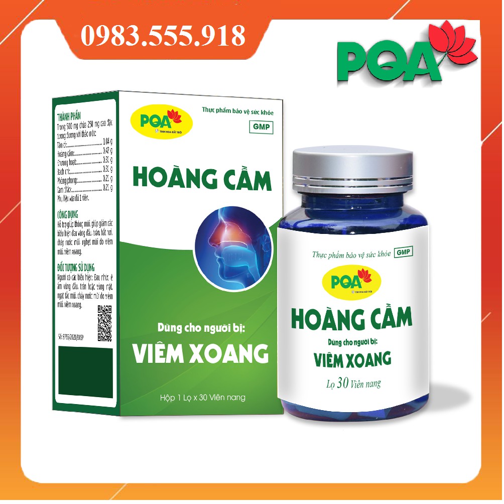 PQA HOÀNG CẦM VIÊN NANG giảm biểu hiện đau vùng đầu, trán, hắt hơi, chảy nước mũi, nghẹt mũi do viêm mũi, viêm xoang