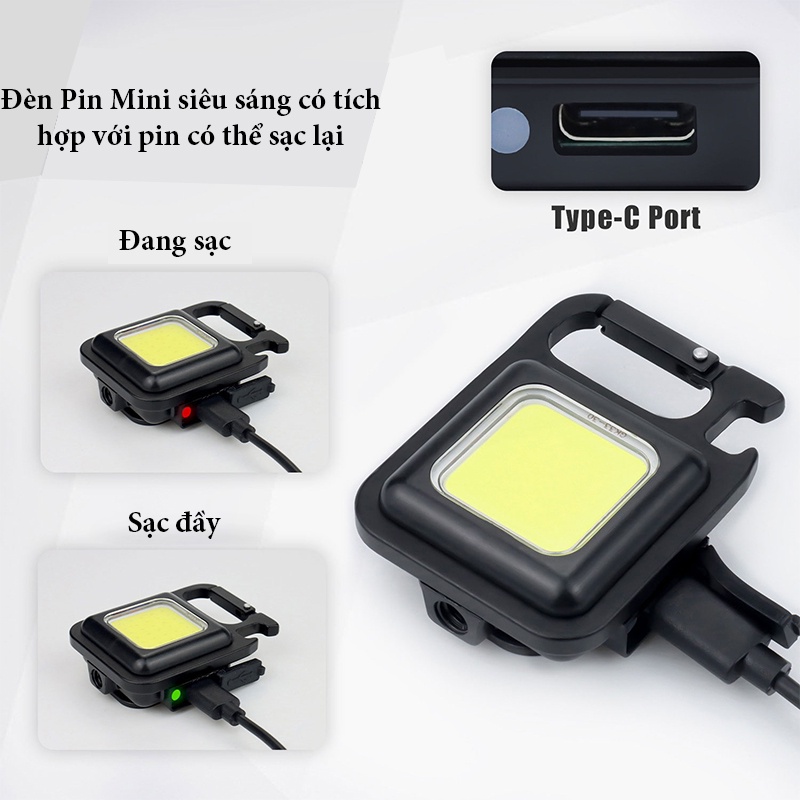 Đèn Pin Mini COB Siêu Sáng - Đèn Pin Móc Khóa Và Mở Nắp Chai Đa Năng ,Kèm Dây Sạc USB Tiện Lợi - Gia Dụng Tý Tẹo
