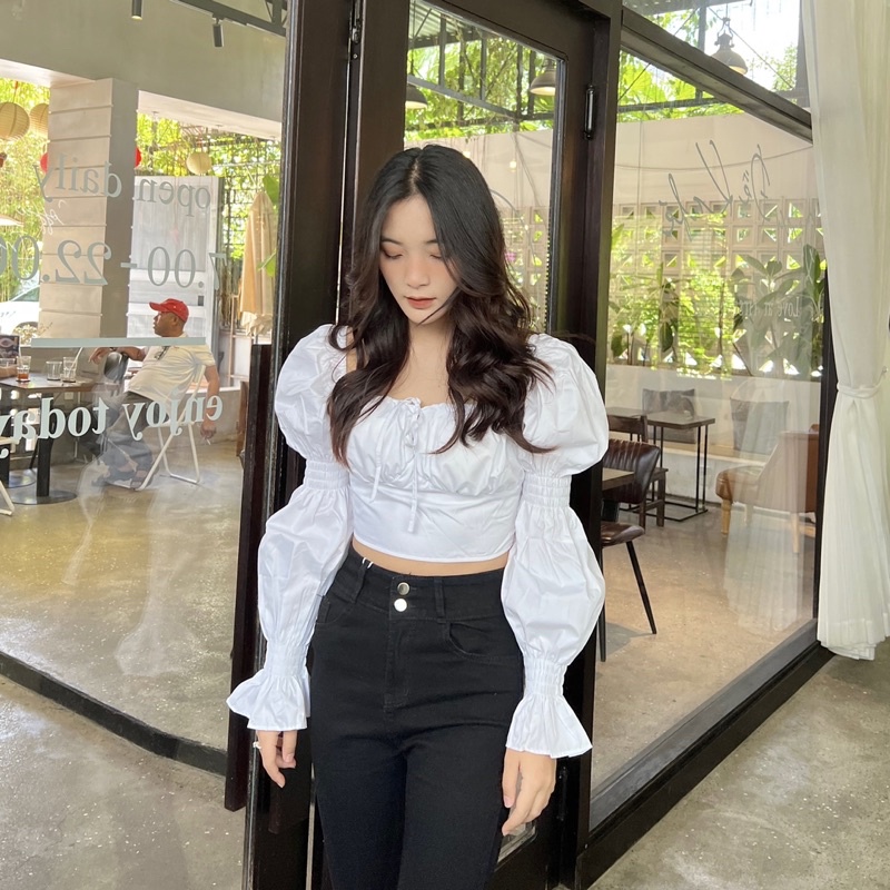 Áo kiểu croptop nhún lưng chất đẹp ( Ảnh thật )