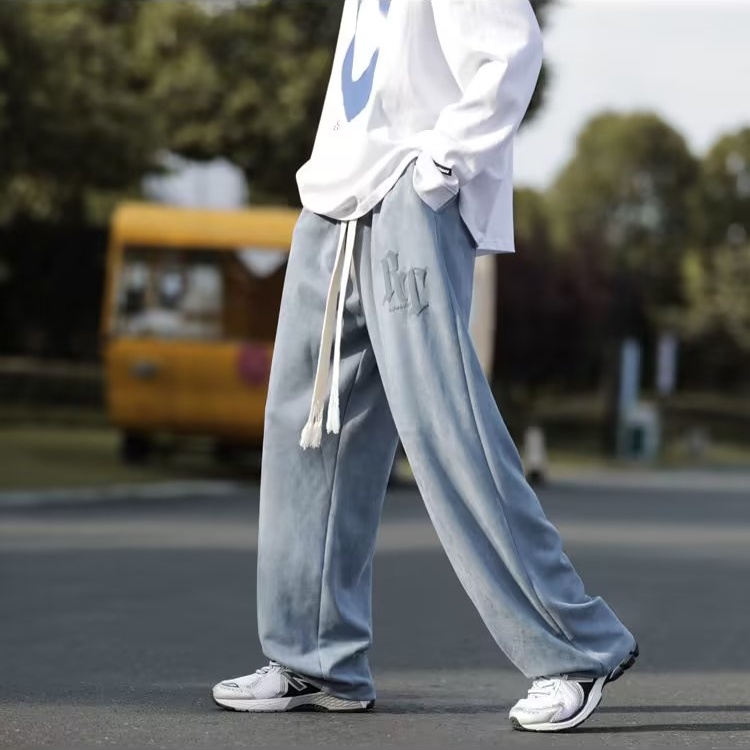 Quần âu nam Phong cách Hàn Quốc thời trang da hươu lông cừu nam giản dị thẳng quần cổ điển rt chữ in unisex dây rút ống rộng quần bình thường