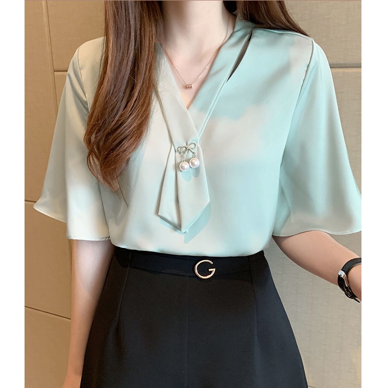 Áo Sơ Mi Nữ Tay Ngắn Cổ Chữ V Màu Trắng Dáng Rộng Phong Cách Hàn Quốc Mới