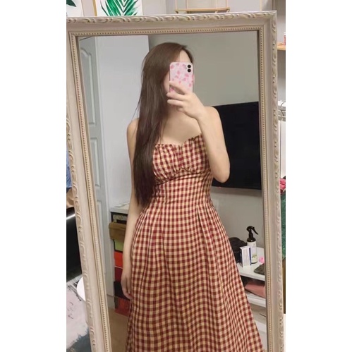 VÁY HAI DÂY KẺ CARO -Sẵn Đen M,L