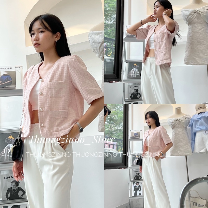 [Ảnh thật/Video]Áo dạ Hồng/Trắng cộc tay cúc ngọc sang chảnh