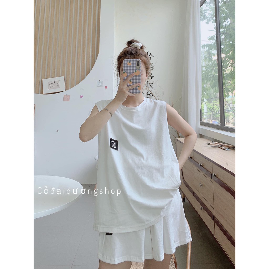 Bộ Thể Thao Ba Lỗ Bò Sữa [FREESHIP] Set cộc Áo Tanktop Liền Áo trong Mix Quần Sooc Thêu Hình