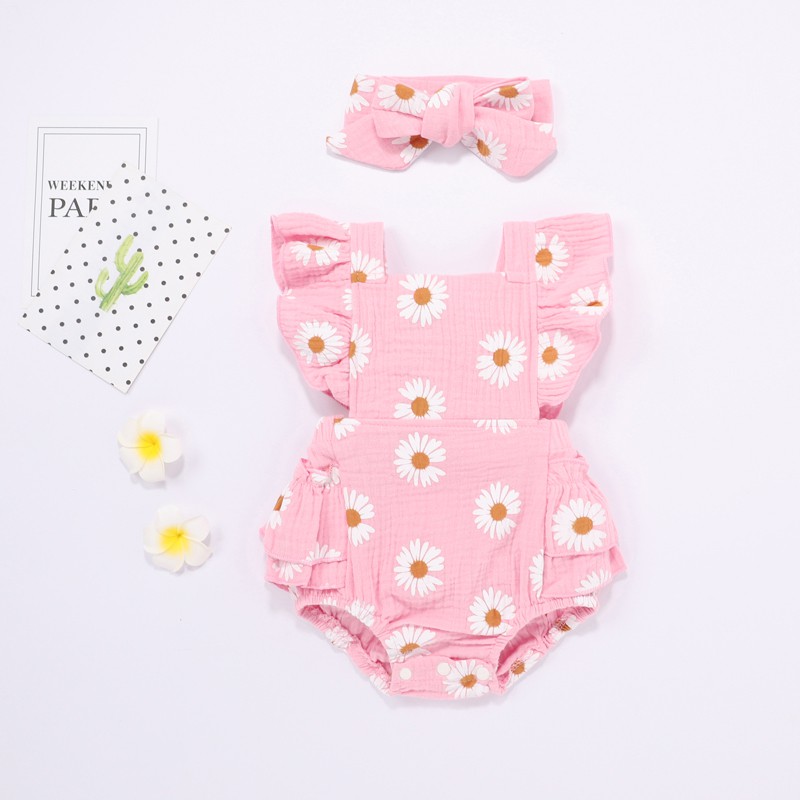 Bộ Bodysuit Họa Tiết Hoa Cúc Nữ Tính Kèm Băng Đô