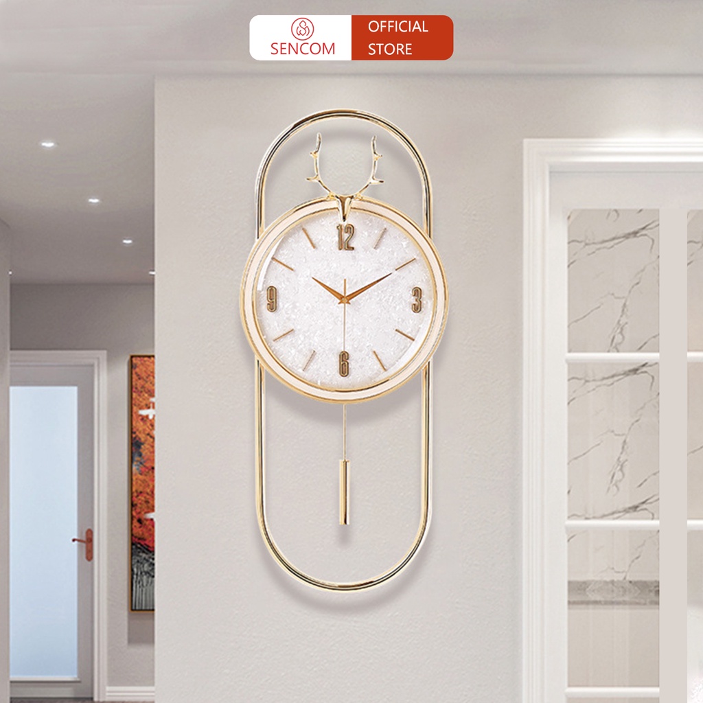 Đồng hồ treo tường dài đầu hươu hiện đại SENCOM, đồng hồ decor trang trí mạ vàng luxury - E13, E14