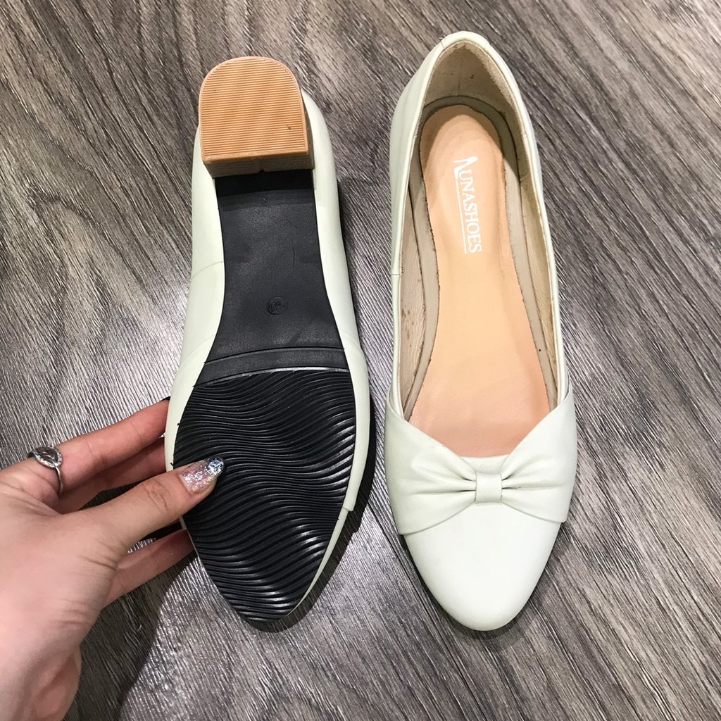 Cao gót nữ 4p Lunashoes (10184) da thật mũi nhọn đế gót vuông có nơ màu đen, trắng, nâu hàng VNXK