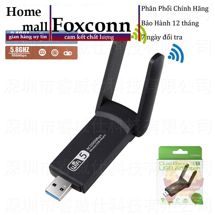 USB Thu Phát Wifi 1200mbps tốc độ cao 2 râu Laptop PC 2.4 / 5g Usb 3.0 RTL8812BU