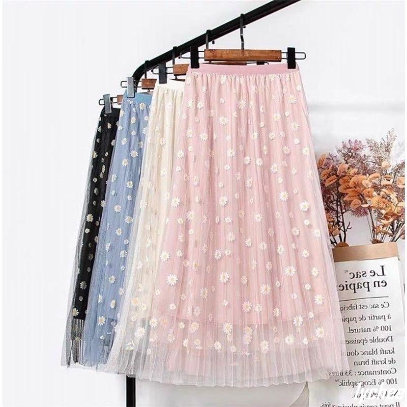 Chân Váy Chữ A Lưng Cao Phối Lưới Họa Tiết Hoa Cúc Xinh Xắn Cho Bé Gái