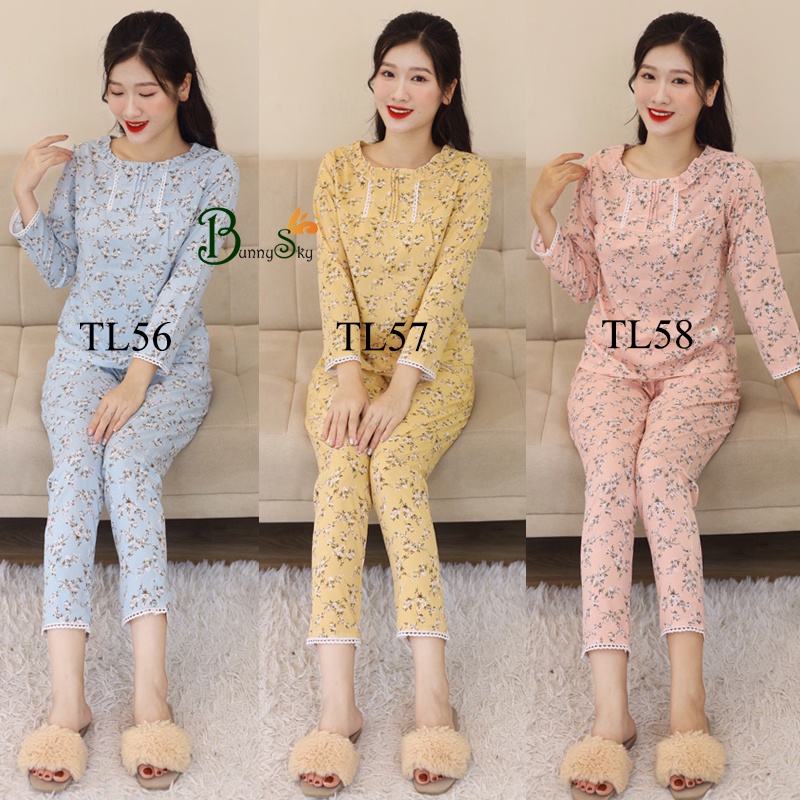 [Bunnysky] Đồ bộ mặc nhà, sau sinh quần áo thu đông dành cho nữ họa tiết hoa nhí
