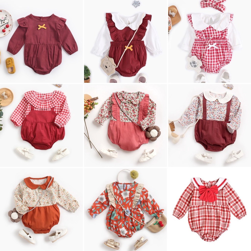 Bộ Áo Liền Quần Bằng Cotton In Hoa Màu Đỏ Mừng Năm Mới Dành Cho Bé Sơ Sinh 0400