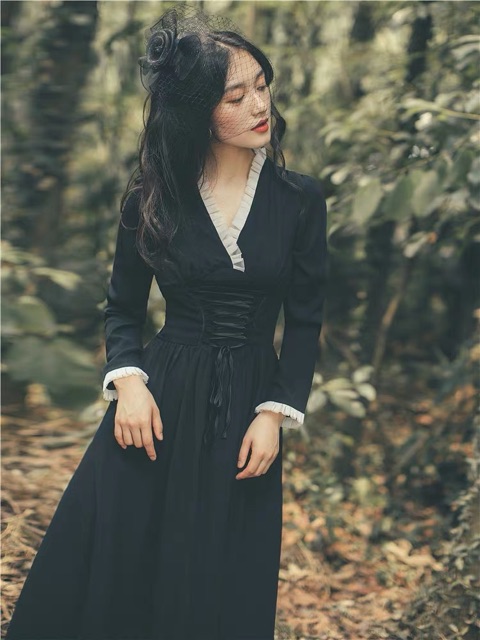 Đầm tiểu thư black basic cổ V thắt eo phối phong cách Pháp kèm ảnh thật ♥︎ | BigBuy360 - bigbuy360.vn