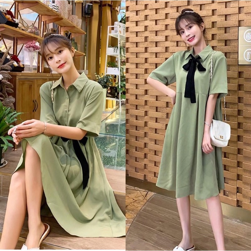 Váy sơ mi xanh nơ đen cực xinh, size 40-70kg Váy bầu công sở siêu xinh quà tặng đi chơi du lịch đi làm đều ok