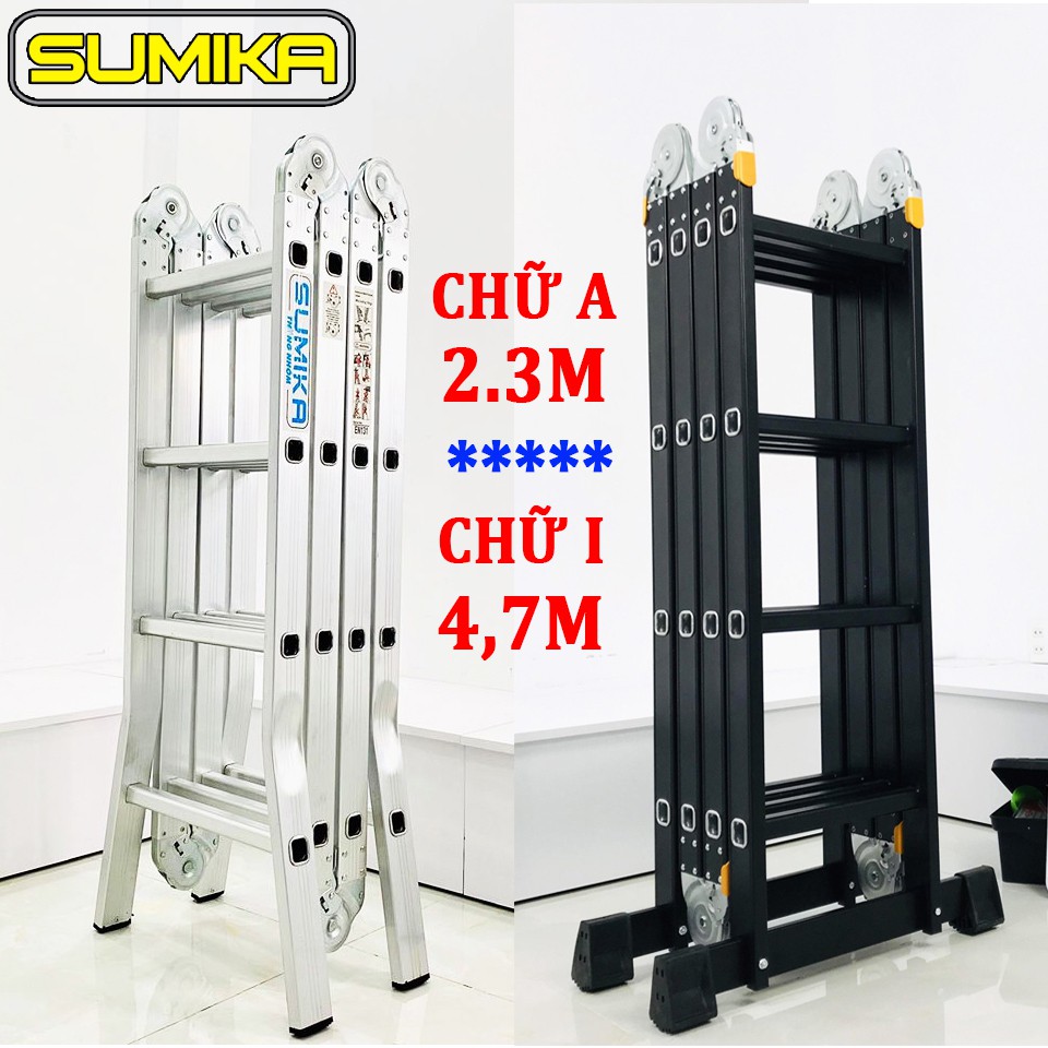 2 Mẫu thang nhôm gấp xếp đa năng Sumika SK604 &amp; SKM204 (chữ A cao: 2.3M - chữ I cao: 4.7M) 4 bậc - 4 đoạn BẢO HÀNH 2 NĂM