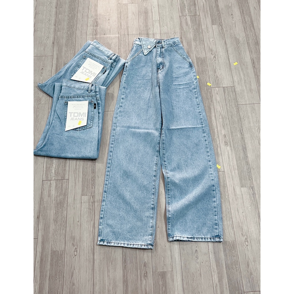 Quần jean nữ ống rộng túi nắp phía trước màu xanh, quần bò nữ lưng cao dáng suông basic OHS3908