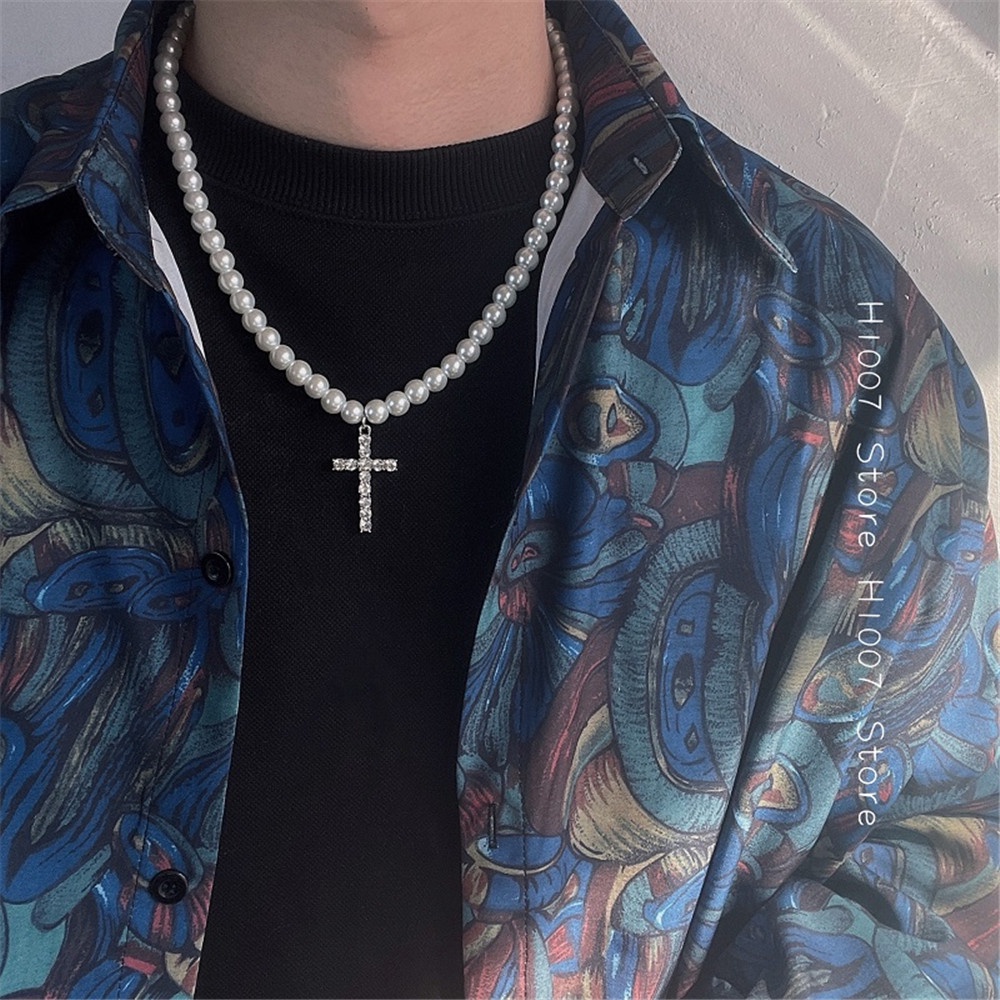 Vòng cổ choker mặt chữ thập đính ngọc trai giả thời trang cho nam nữ Yanqueens Đồ trang sức