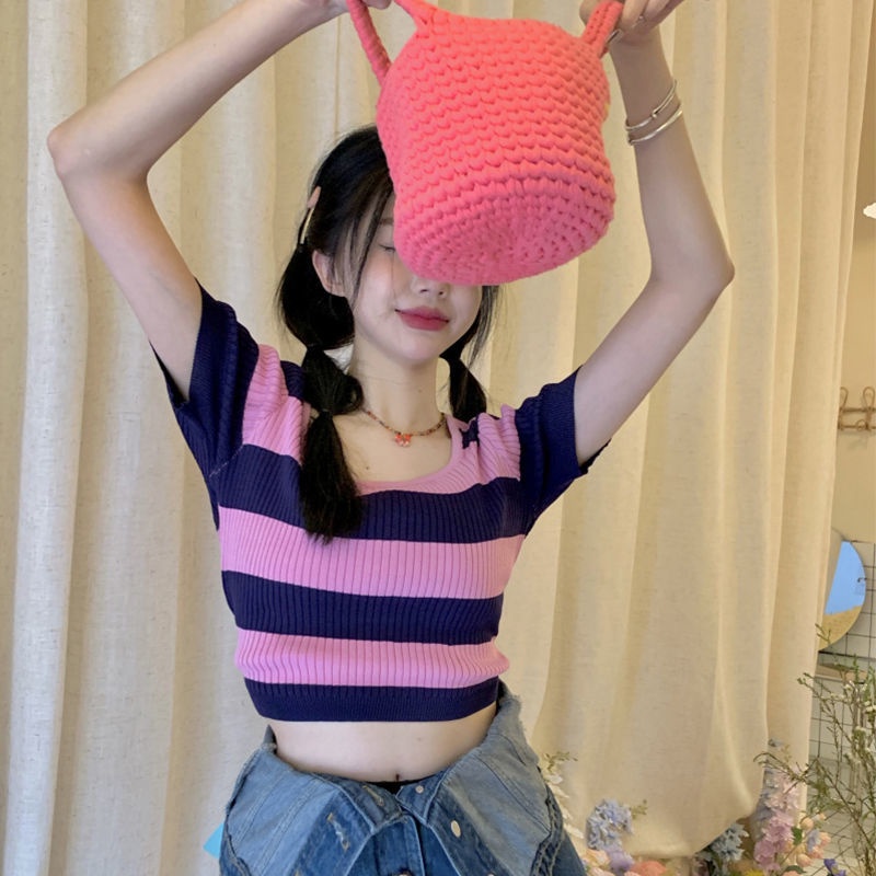 Jiashucheng Áo Thun Dệt Kim Ngắn Tay Cổ Vuông Họa Tiết Kẻ Sọc Thời Trang Mùa Hè Cho Nữ