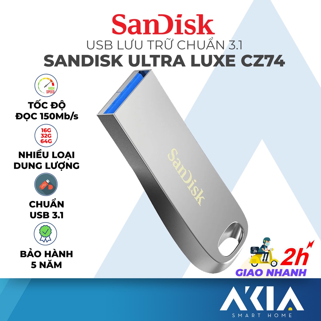 USB 3.1 SanDisk Ultra Luxe CZ74 dung lượng 16GB / 32GB / 64GB, tốc độ đọc lên đến 150 Mb/s - Bảo Hành Chính Hãng
