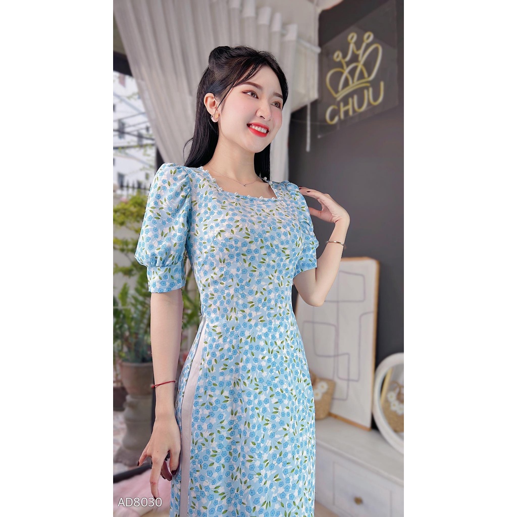Áo dài cách tân nữ hoa nhí tay phồng cổ vuông quyến rũ không kèm quần CHUU AD8030