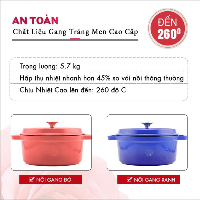 Nồi gang đúc tráng men - Nồi gang nguyên khối chống dính chống trầy xước, dùng trên bếp từ và lò nướng