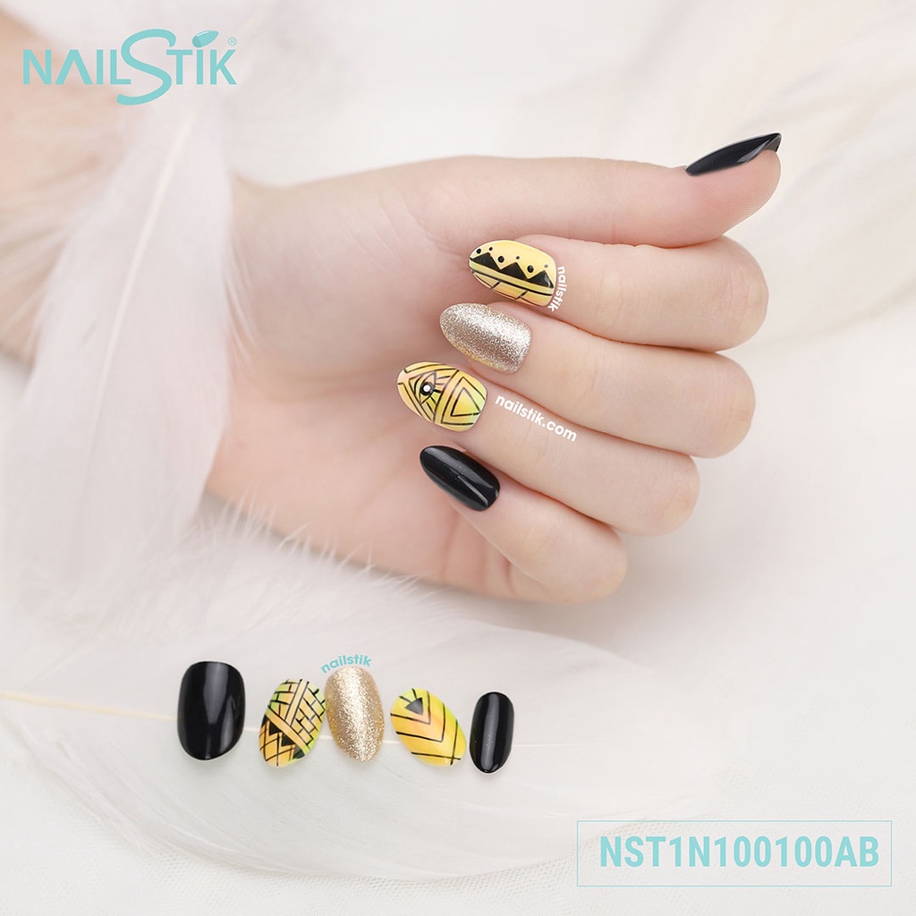 Móng úp thiết kế by NAILSTIK, màu vàng, đen, form móng bầu, ngắn/dài, 100