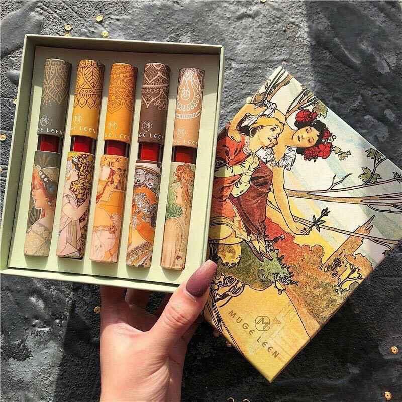 Set 5 Cây Son Kem Lì Lâu Trôi Mềm Mịn MUGE LEEN hộp vuông cổ trang Cao Cấp Mĩ Phẩm Nội Địa Trung KING DC