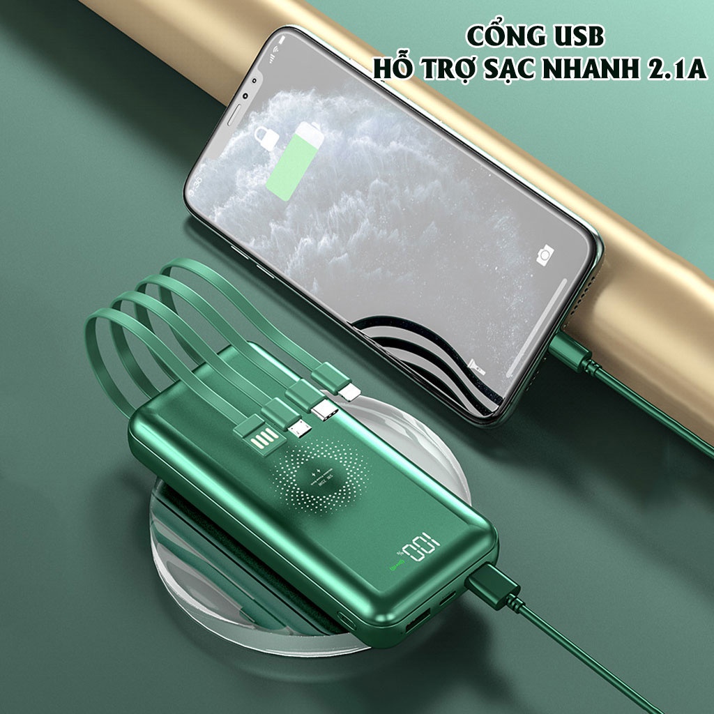 Pin sạc dự phòng Tích hợp sạc không dây HXSJ 10000mAh, Hỗ trợ sạc nhanh cổng usb 2.1A Kèm sẵn 4 đầu sạc tiện lợi