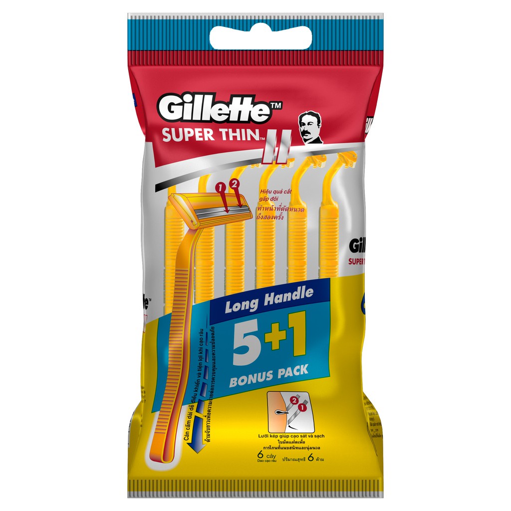 Dao Cạo Gillette Super Thin II - Dao cạo râu Gillette cán vàng túi 5 + 1 cái