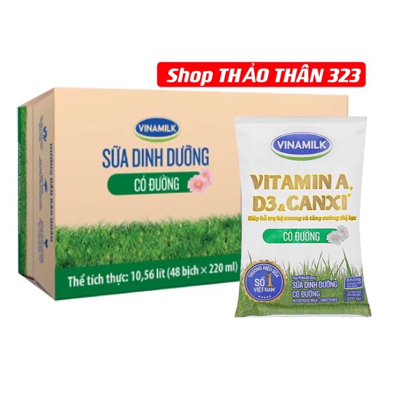 SỮA DINH DƯỠNG TIỆT TRÙNG VINAMILK -Thùng 48bịch x 220ml Có Đường, Không Đường, Dâu, Sôcôla