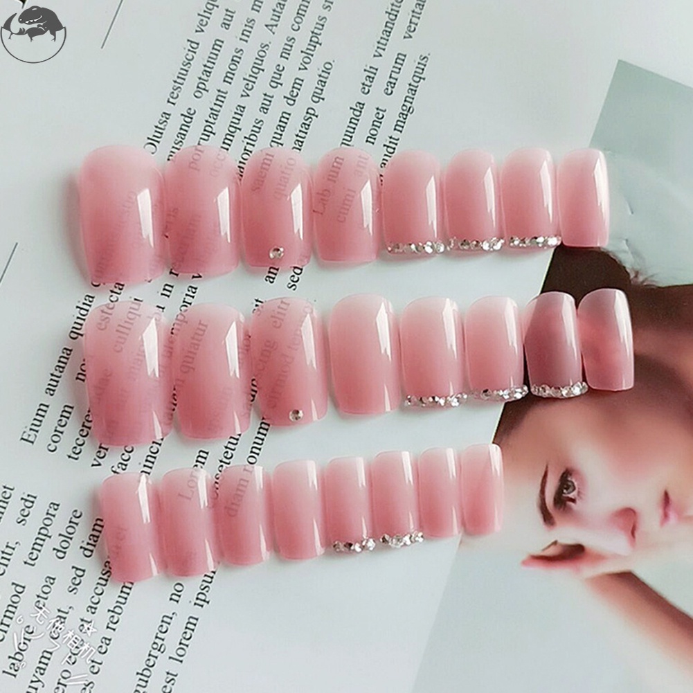 Bộ 24 Móng Tay Giả Ngắn Màu Hồng Che Phủ Toàn Diện Đính Đá Trang Trí Có Thể Tái Sử Dụng Cho Nữ & Bé Gái